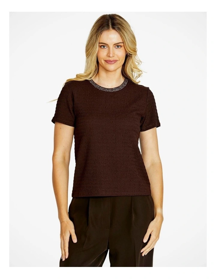 Alfie Textured Crew Neck Top in Chocolate image 1