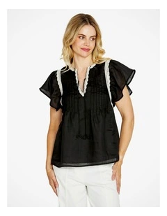 Lacey Flutter Sleeve Pintuck Top in Black