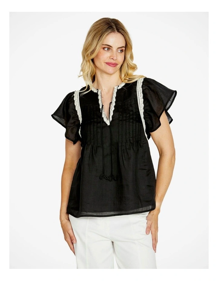 Lacey Flutter Sleeve Pintuck Top in Black image 1