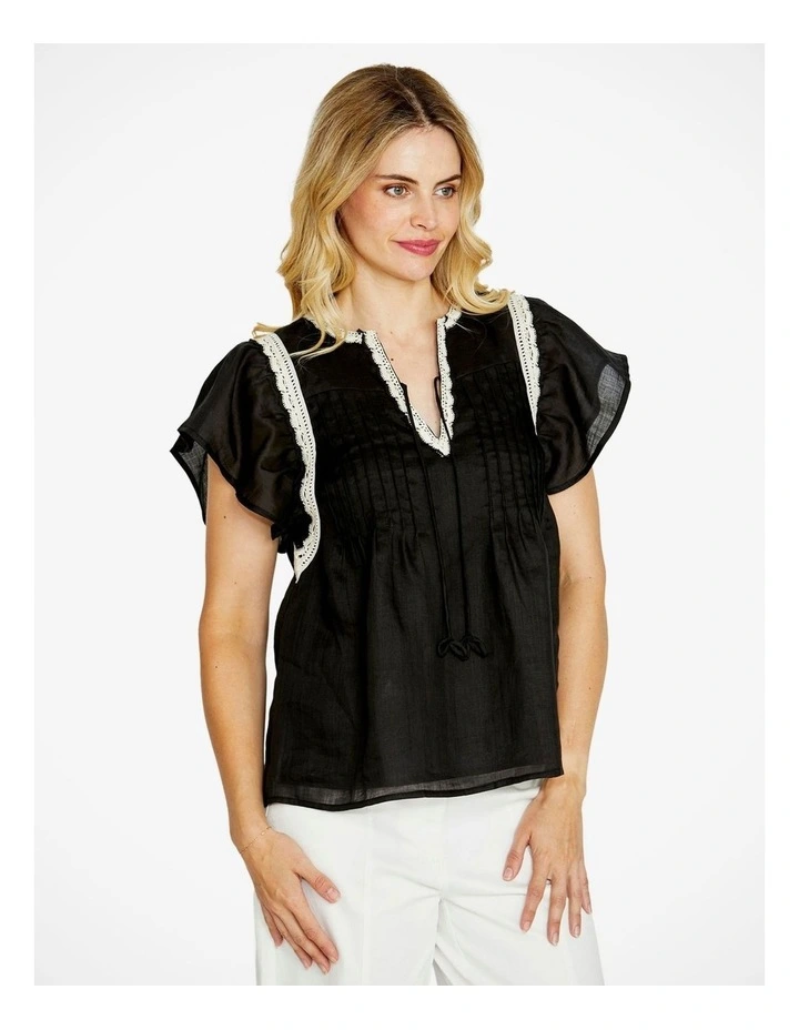 Lacey Flutter Sleeve Pintuck Top in Black image 3