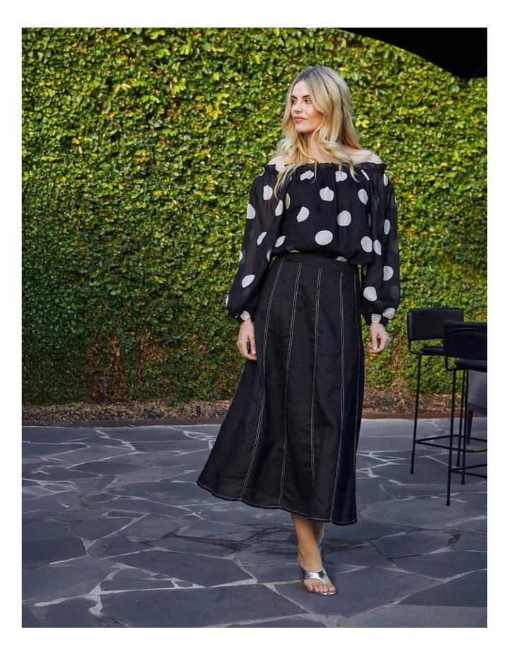 Rita Contrast Stitch Panel Skirt in Black image 4
