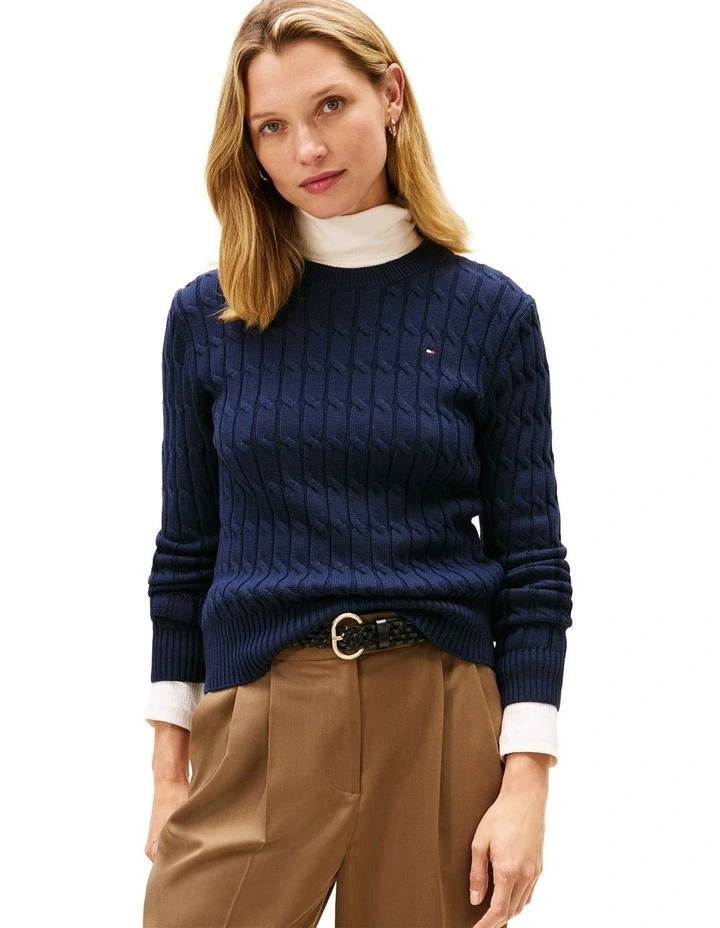 Cable Knit Crew Neck Jumper in Blue image 1