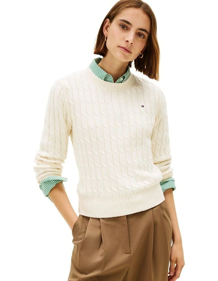 Cable Knit Crew Neck Jumper in Cream image 1