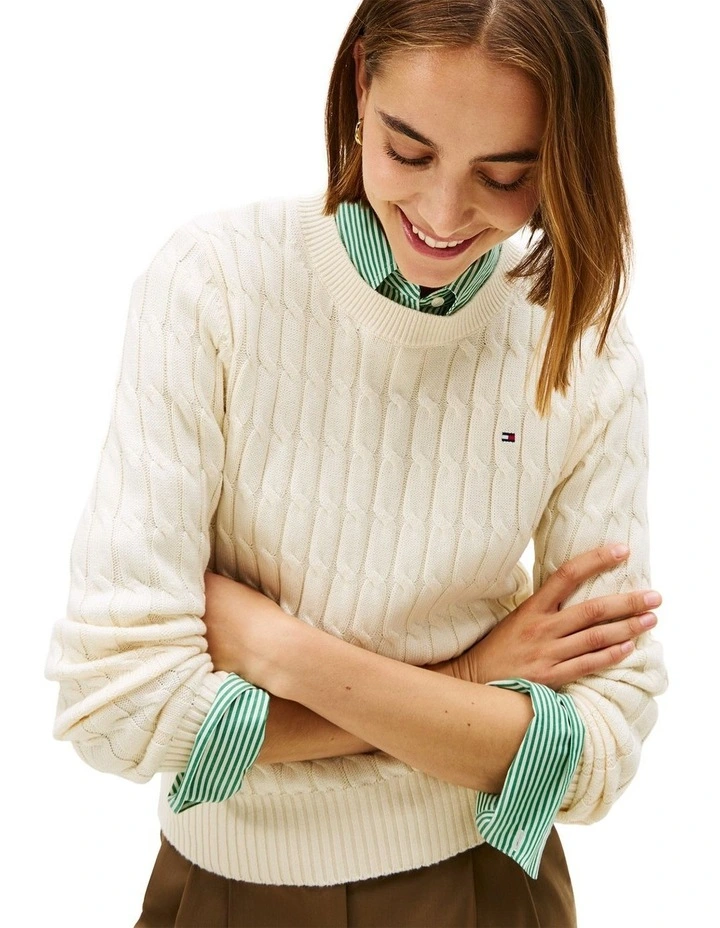 Cable Knit Crew Neck Jumper in Cream image 3