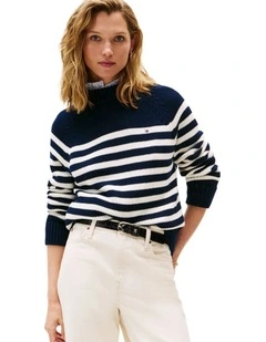 Stripe Mock Neck Relaxed Jumper in Blue