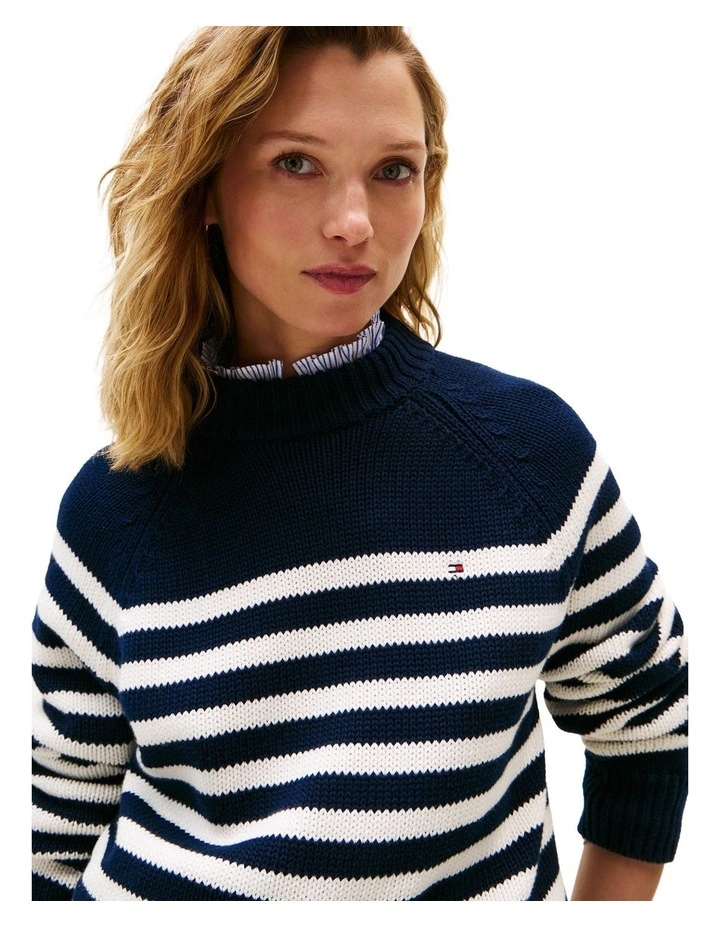 Stripe Mock Neck Relaxed Jumper in Blue image 3