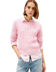 Cable Knit Crew Neck Jumper in Pink