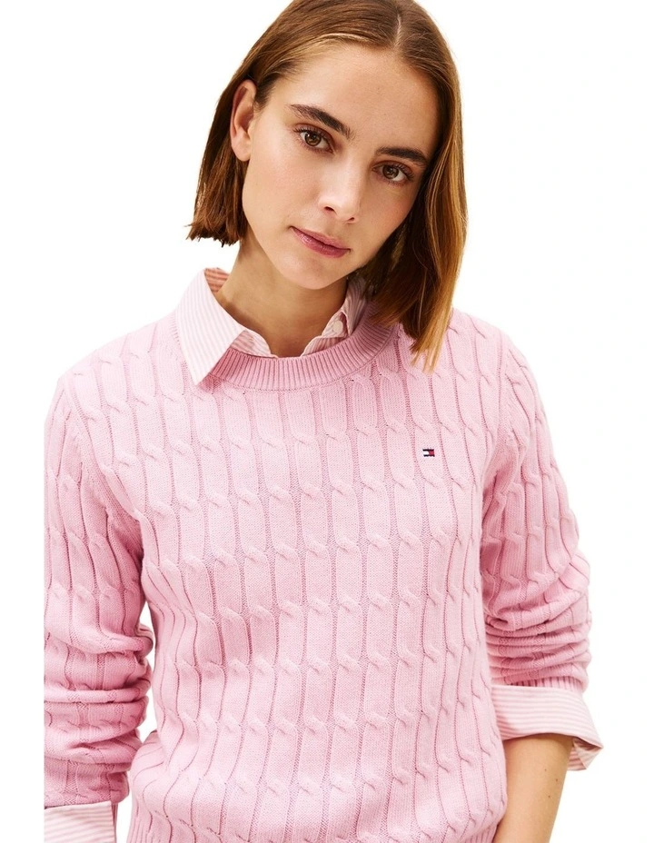 Cable Knit Crew Neck Jumper in Pink image 3