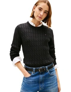 Cable Knit Crew Neck Jumper in Black