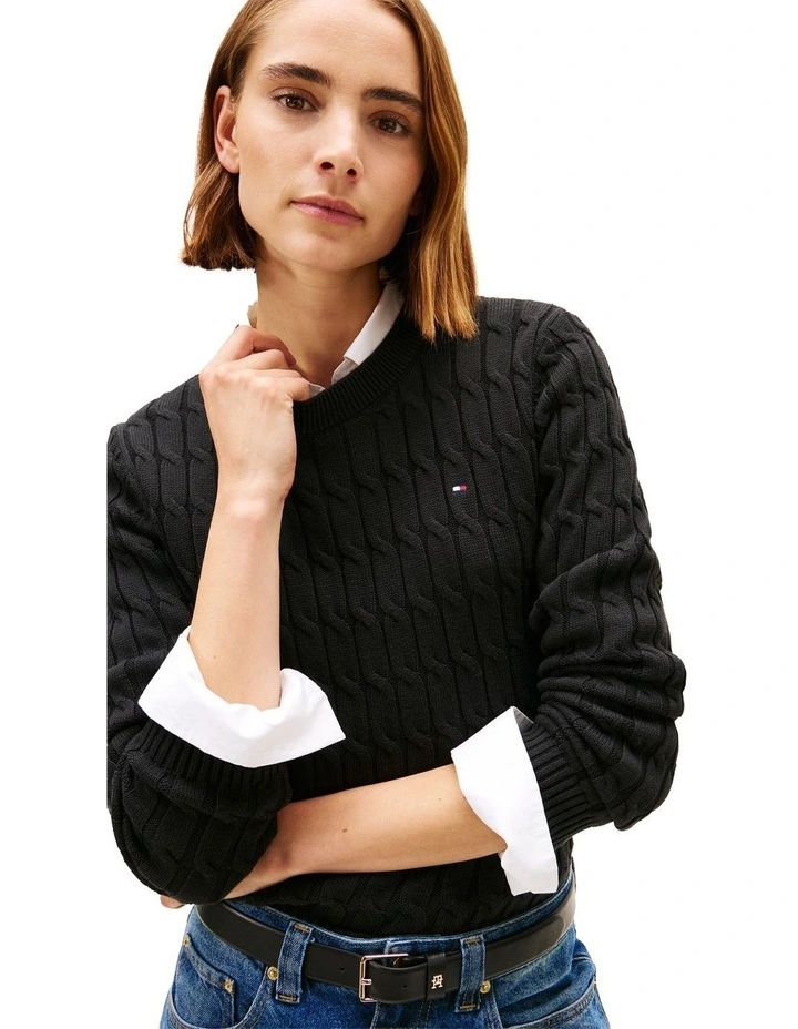 Cable Knit Crew Neck Jumper in Black image 3