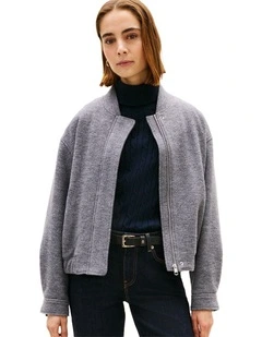 Textured Wool Blend Bomber Jacket in Grey