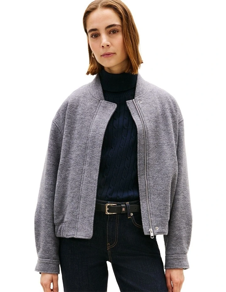 Textured Wool Blend Bomber Jacket in Grey image 1