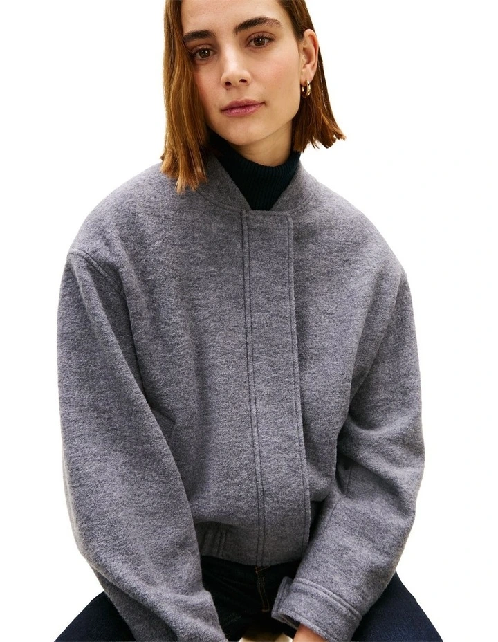Textured Wool Blend Bomber Jacket in Grey image 3