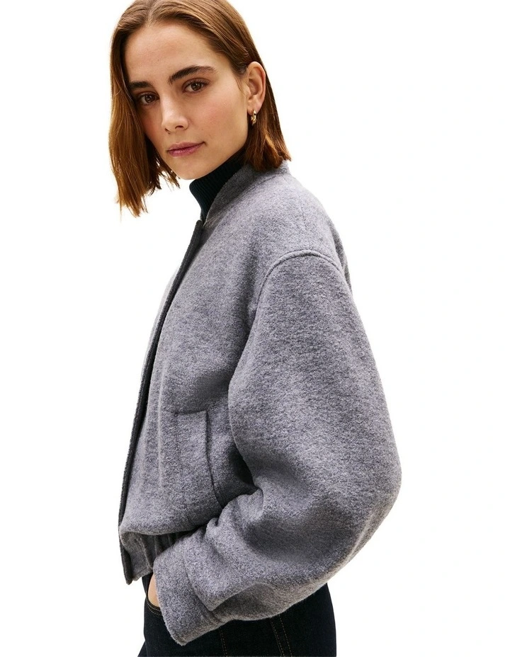 Textured Wool Blend Bomber Jacket in Grey image 4