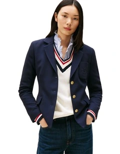 Crest Embroidery Slim Fit Blazer in Blue