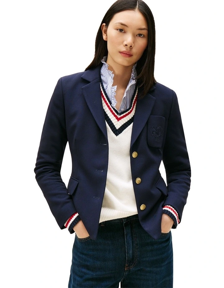 Crest Embroidery Slim Fit Blazer in Blue image 1