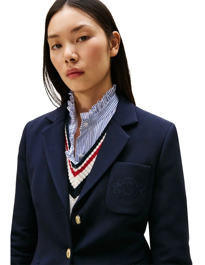 Crest Embroidery Slim Fit Blazer in Blue image 3