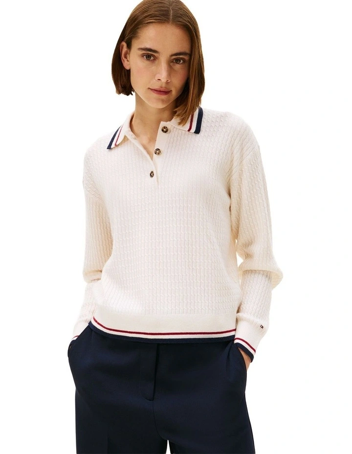 Cable Knit Relaxed Polo Collar With Cashmere Jumper in Cream image 1