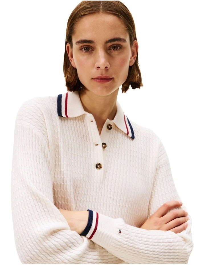 Cable Knit Relaxed Polo Collar With Cashmere Jumper in Cream image 3