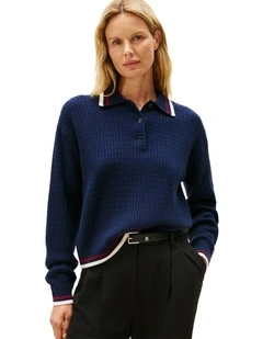 Cable Knit Relaxed Polo Jumper With Cashmere in Blue