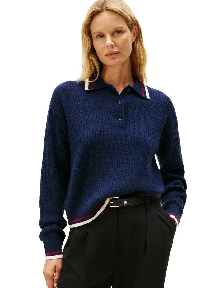 Cable Knit Relaxed Polo Jumper With Cashmere in Blue image 1