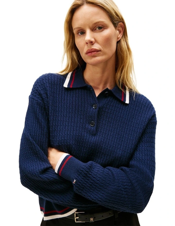 Cable Knit Relaxed Polo Jumper With Cashmere in Blue image 3