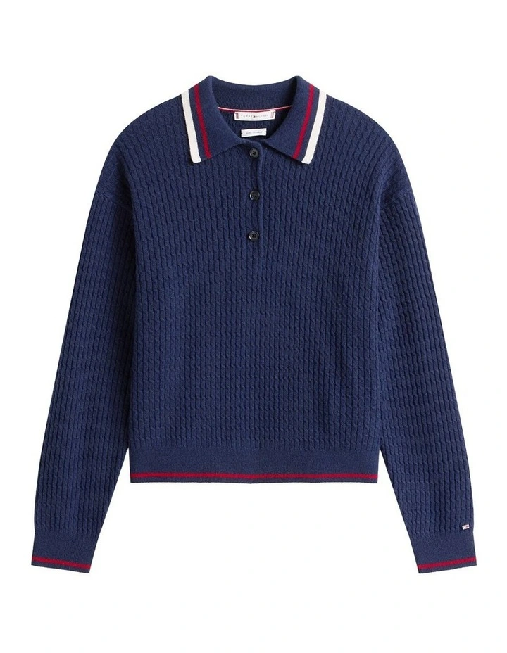 Cable Knit Relaxed Polo Jumper With Cashmere in Blue image 5