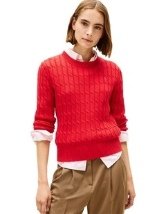Cable Knit Crew Neck Jumper in Red