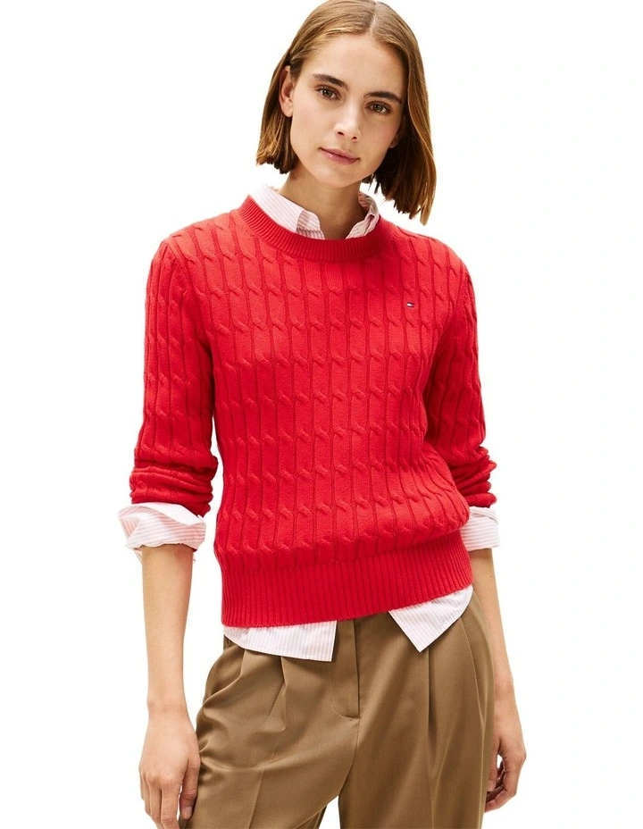 Cable Knit Crew Neck Jumper in Red image 1