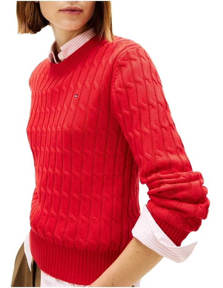 Cable Knit Crew Neck Jumper in Red image 3