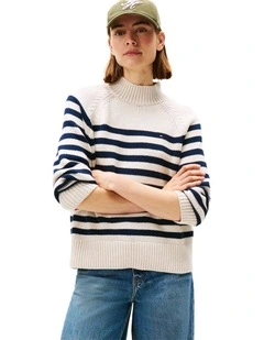 Stripe Mock Neck Relaxed Jumper in Cream