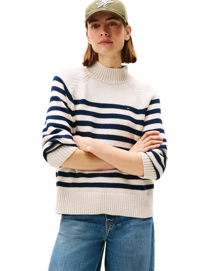 Stripe Mock Neck Relaxed Jumper in Cream image 1