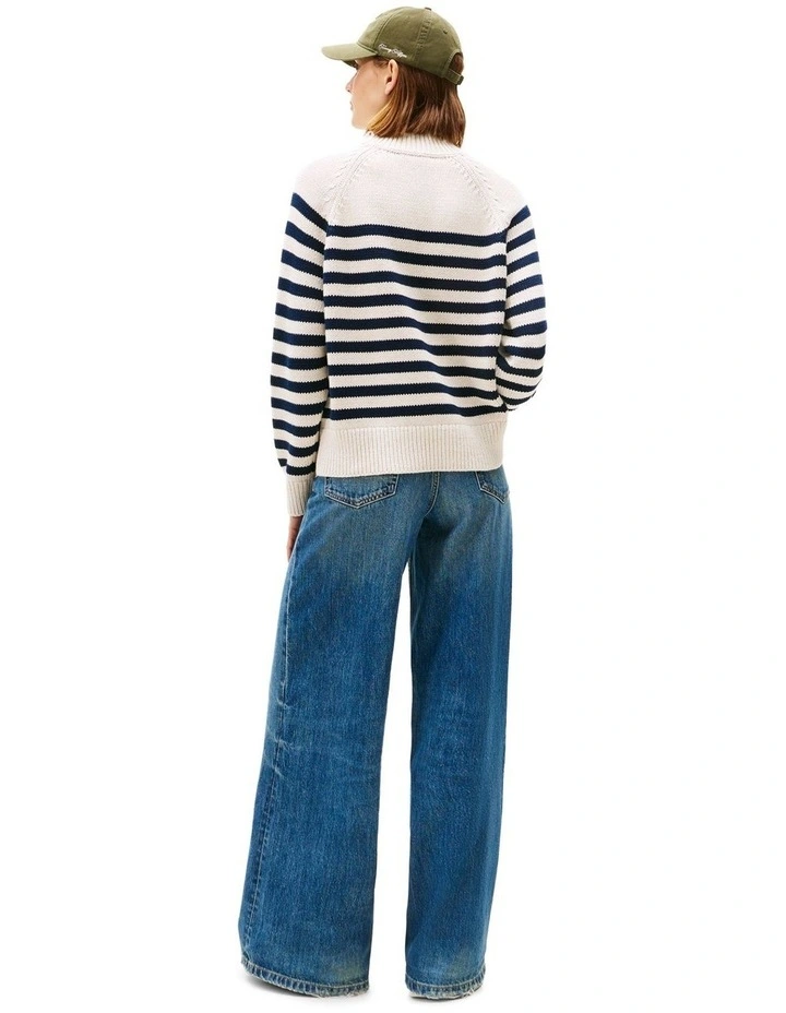 Stripe Mock Neck Relaxed Jumper in Cream image 2