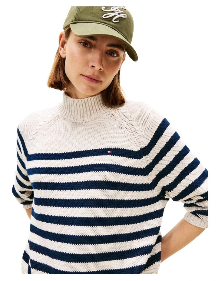 Stripe Mock Neck Relaxed Jumper in Cream image 3