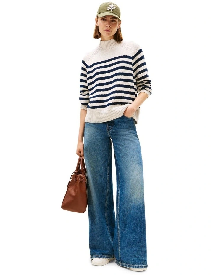 Stripe Mock Neck Relaxed Jumper in Cream image 4