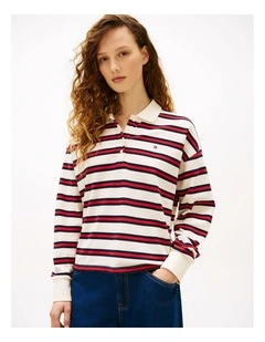 1985 Relaxed Fit Stripe Long Sleeve Polo Shirt in Red
