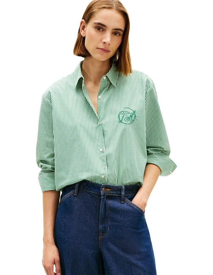 Oversized Fit Logo Embroidery Shirt in Green image 3