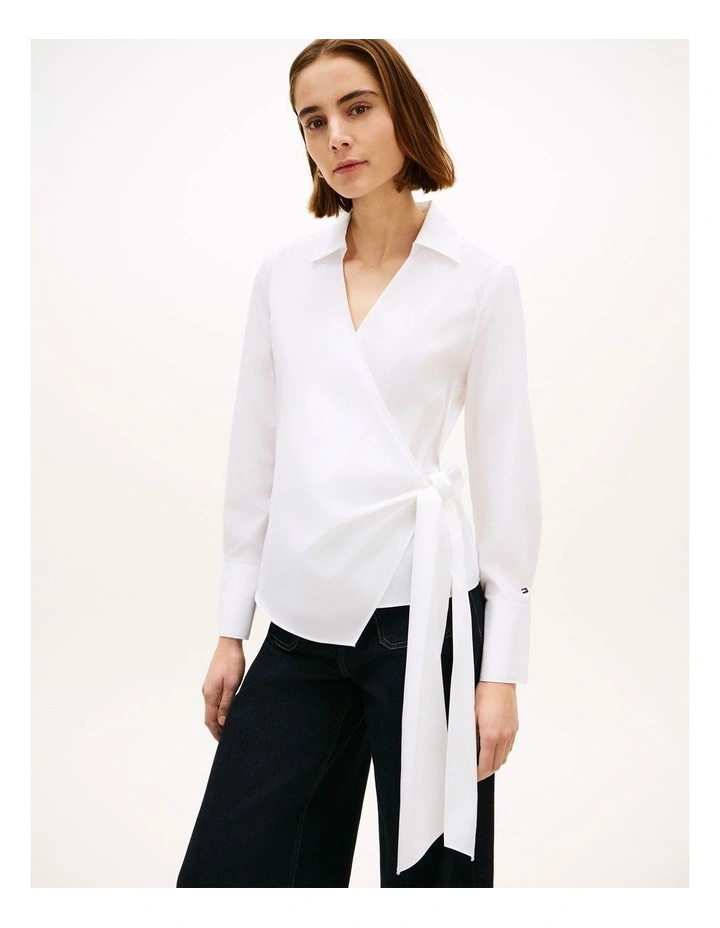 Slim Fit Wrap Knot Poplin Shirt in White image 1