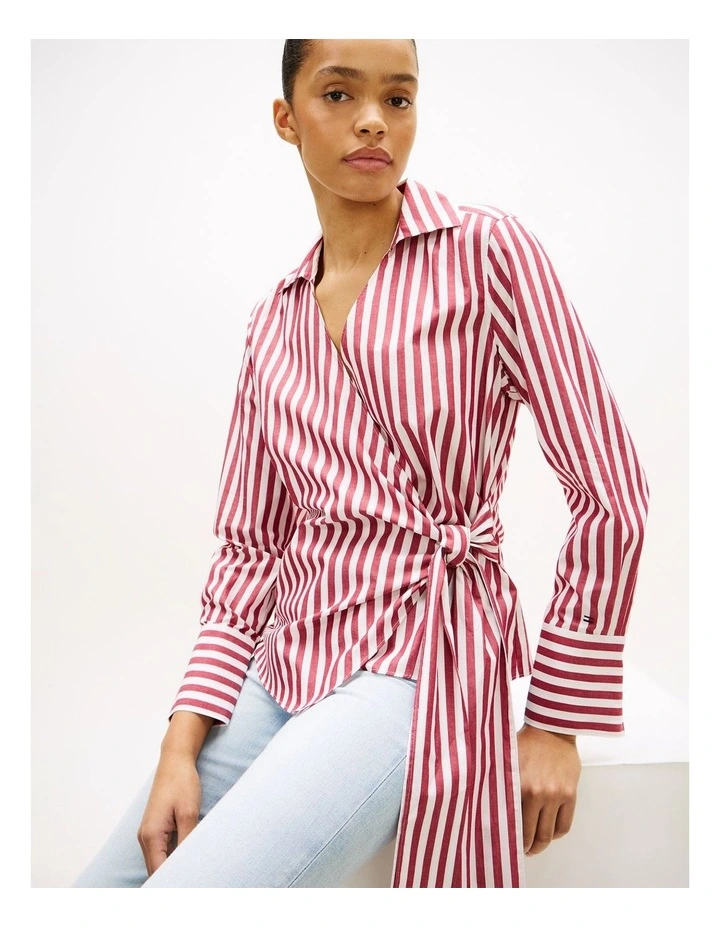 Slim Fit Wrap Knot Poplin Shirt in Red image 3