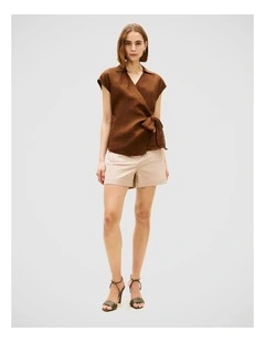 Pure Linen Wrap Knot Sleeveless Blouse in Brown