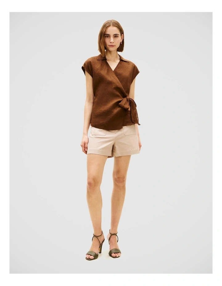 Pure Linen Wrap Knot Sleeveless Blouse in Brown image 1