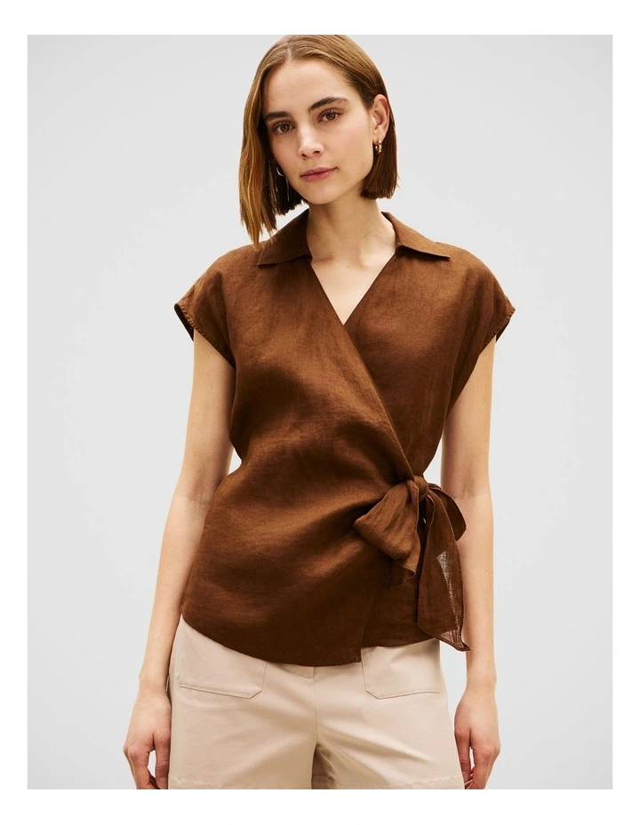 Pure Linen Wrap Knot Sleeveless Blouse in Brown image 3