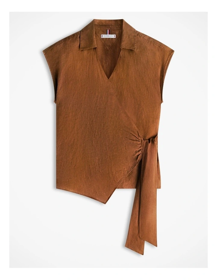 Pure Linen Wrap Knot Sleeveless Blouse in Brown image 4