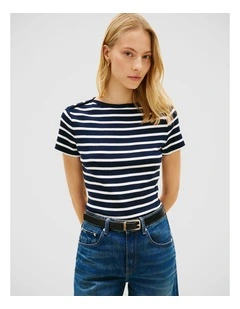 Gold-Tone Button Slim Boat Neck T-Shirt in Navy