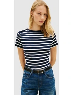 Gold-Tone Button Slim Boat Neck T-Shirt in Navy