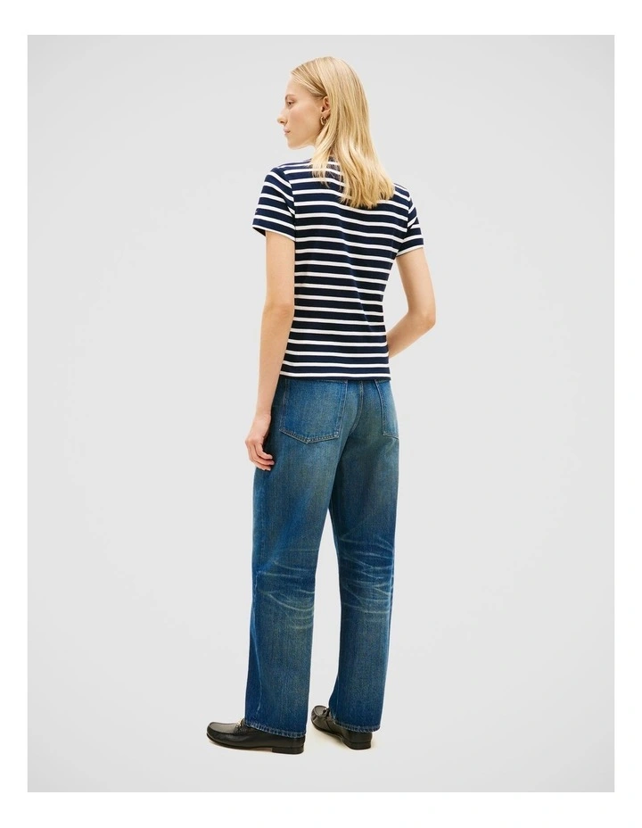 Gold-Tone Button Slim Boat Neck T-Shirt in Navy image 2