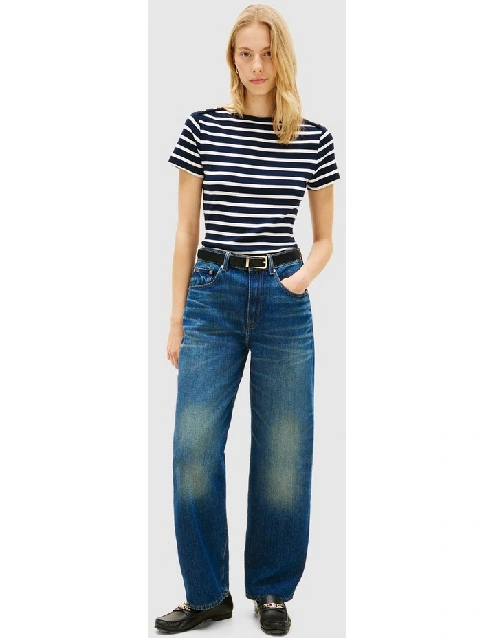 Gold-Tone Button Slim Boat Neck T-Shirt in Navy image 2
