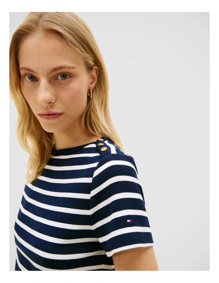 Gold-Tone Button Slim Boat Neck T-Shirt in Navy image 3