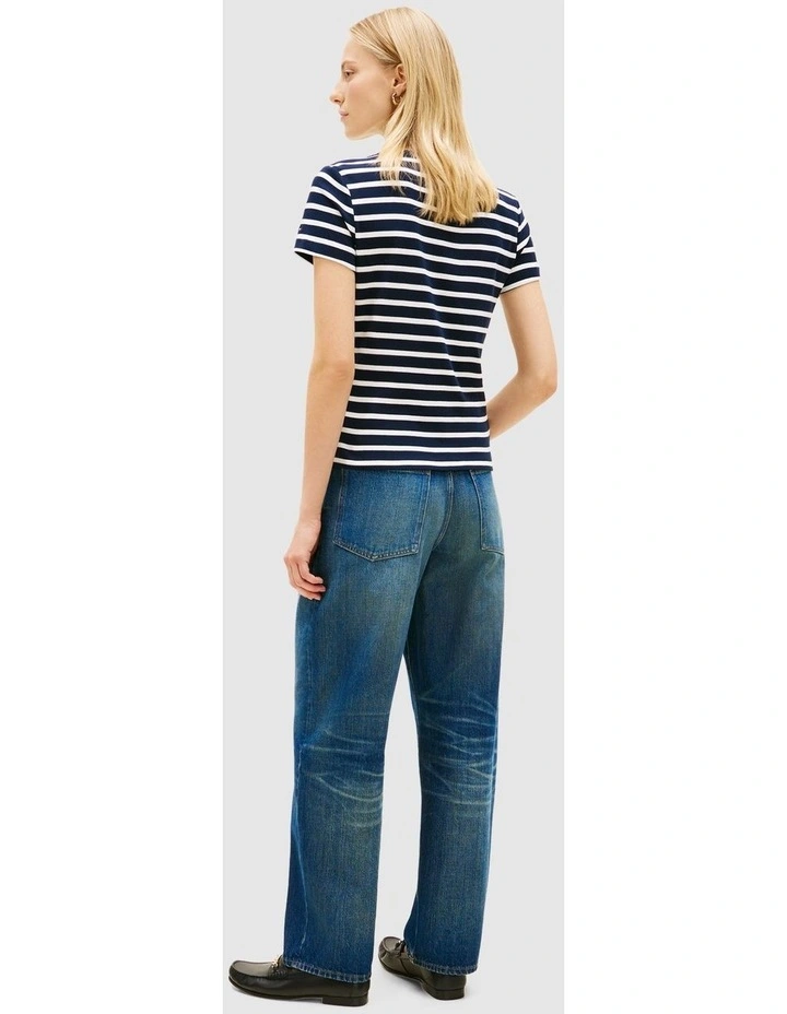 Gold-Tone Button Slim Boat Neck T-Shirt in Navy image 3