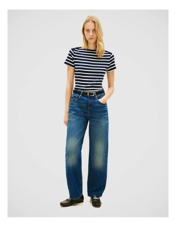 Gold-Tone Button Slim Boat Neck T-Shirt in Navy image 4